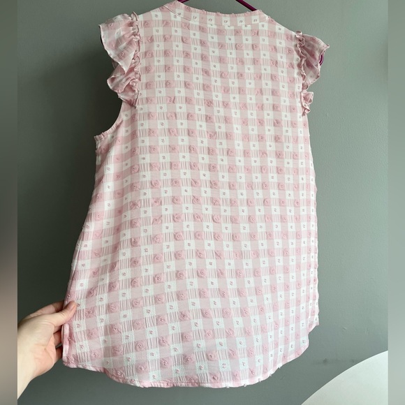 CECE Pink & White Gingham Print Textured Ruffled Sleeve Blouse - Picture 5 of 5
